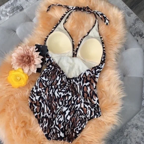 Brown and Black Leopard Animal Print One Piece Swimsuit Plunge Front Sz SM NEW! - Picture 2 of 4